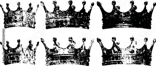 vintage black ink crown silhouettes collection, grunge textured royal headwear icons set