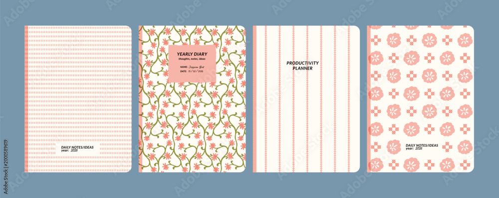 Obraz premium Stationery cover templates with pink floral and geometric patterns.