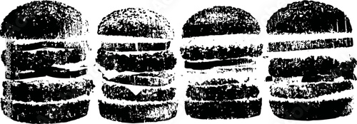 Four stacked layered burgers in a row with buns, lettuce, cheese, and meat patties