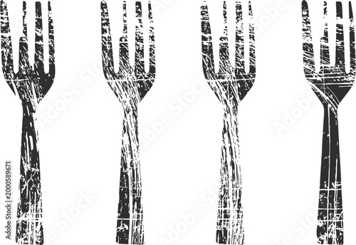Set of four rustic forks with worn texture vintage kitchen utensils, eating tools collection