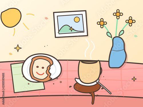 Cozy morning scene with steaming coffee and smiling toast vector illustration