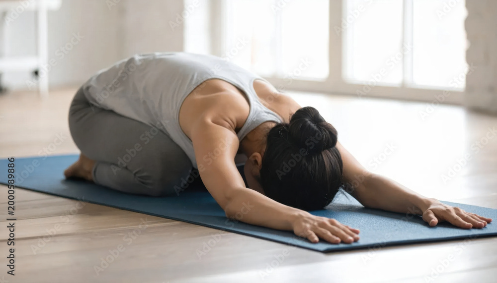 Obraz premium Woman yoga mat, child pose, stretching, indoor, relaxation