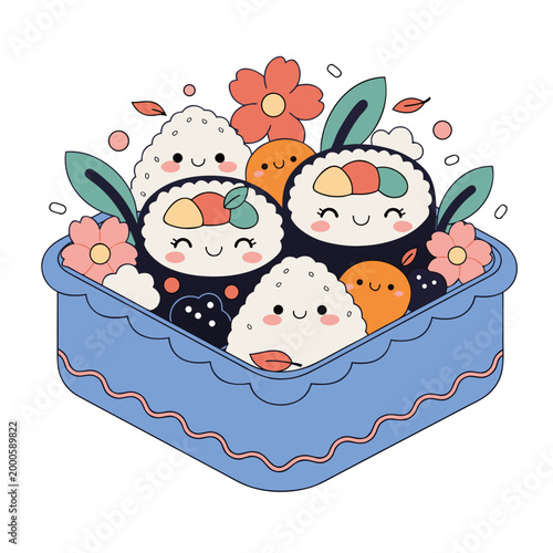 Kawaii bento box with smiling sushi onigiri flowers leaves vector illustration