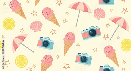 Cute Summer Beach Seamless Pattern with Ice Cream Camera Umbrella Lemon and Seashell Pastel Background