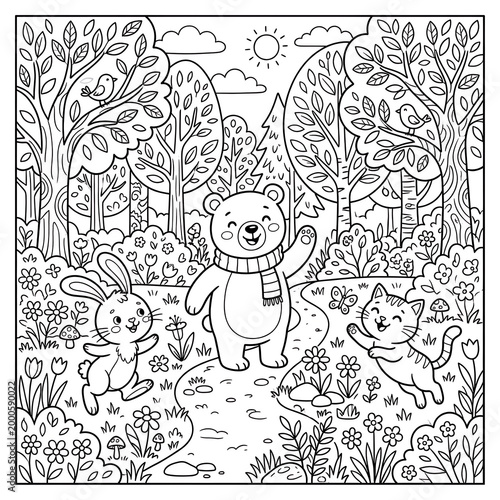 Cute animals in a cheerful forest setting with a bear, rabbit, and cat
