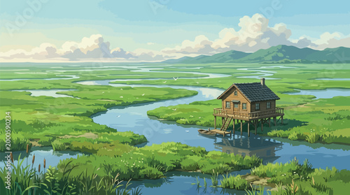 Wooden Stilt House on Wetland Marsh with River, Boat and Mountains — Flat Vector Illustration