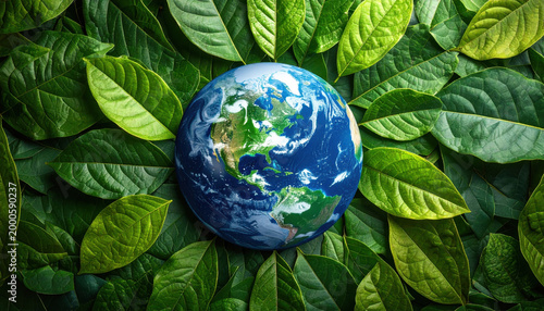 Earth globe on green leaf background, eco nature concept
