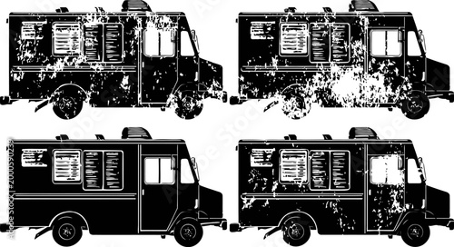 Vintage food truck silhouettes with grunge texture, classic delivery van illustrations, urban street vendor icons