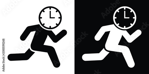 Conceptual vector icon of a person running with a clock face for a head. Represents urgency, time management, deadlines, productivity, and being busy or rushing to meet a target.