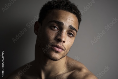 Portrait of a young man with a smug self-satisfied smirk against a light neutral backdrop