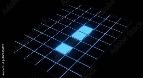Glowing blue squares on a dark perspective grid surface