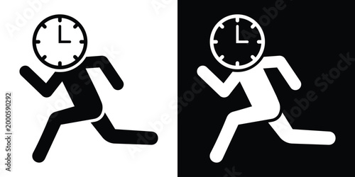 Conceptual vector icon of a person running with a clock face for a head. Represents urgency, time management, deadlines, productivity, and being busy or rushing to meet a target.