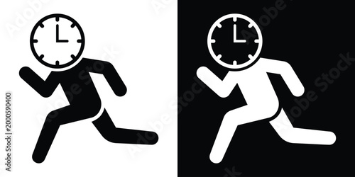 Conceptual vector icon of a person running with a clock face for a head. Represents urgency, time management, deadlines, productivity, and being busy or rushing to meet a target.