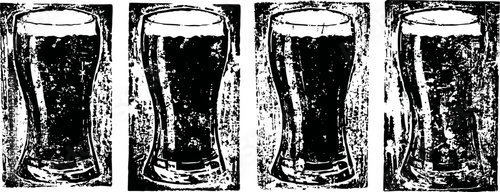Four dark beer glasses in a row, textured black and white illustration