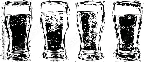 Four tall beer glasses with foam heads, filled with dark craft beer, isolated on white background