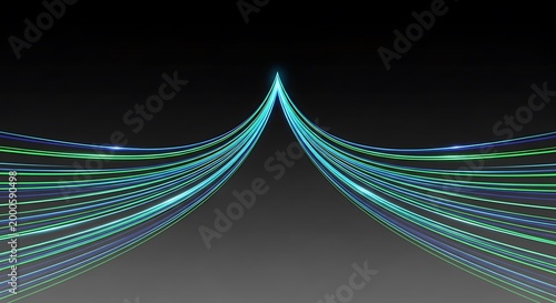 Glowing cyan and green light trails converging to a point on dark background