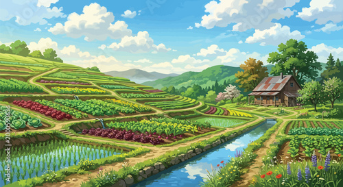 Terraced Vegetable Garden Farm with Stream, Cottage and Green Hills — Flat Vector Illustration