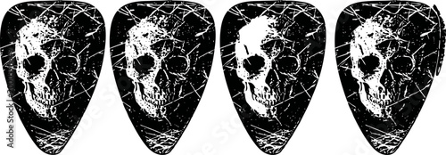 grunge skull guitar picks set four black plectrums with white cracked skull design, rock music accessories