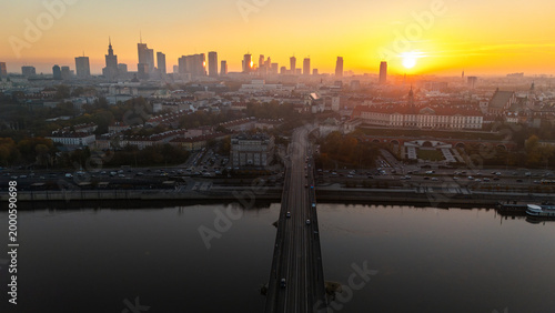 Tableau sur toile An aerial view of the Vistula River overlooking Warsaw's Old Town in Poland duri