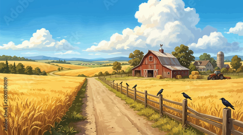 Rural Farm with Red Barn, Wheat Field, Dirt Road and Crows on Fence — Flat Vector Illustration