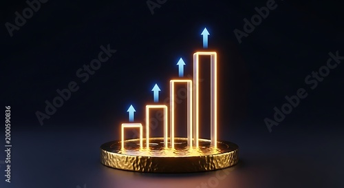 Glowing orange bar chart rising from a textured gold coin on a dark background