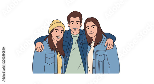 Illustration of a diverse group of three friends standing together with arms around each other, conveying love and friendship in a colorful and modern style with a clean white background.
