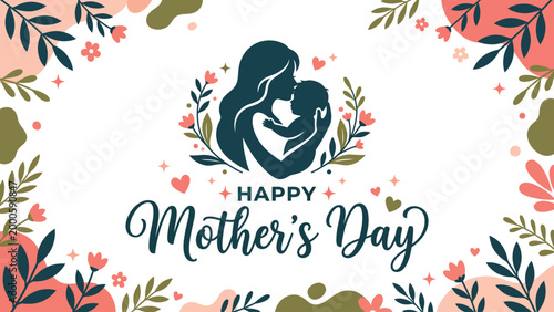 A beautiful illustration celebrating Happy Mother's Day with a mother and child silhouette surrounded by elegant floral designs.