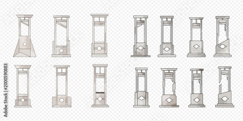 Set of guillotine illustrations, a historical execution device, in various states of assembly and disrepair, on a transparent background.