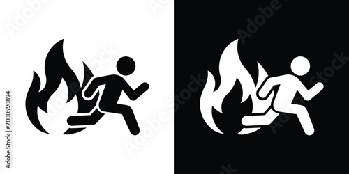 Emergency icon of a person running away from a fire. Ideal for evacuation plans, safety protocols, and warning signs in public buildings or industrial settings. Minimalist vector design.