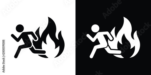 Emergency icon of a person running away from a fire. Ideal for evacuation plans, safety protocols, and warning signs in public buildings or industrial settings. Minimalist vector design.