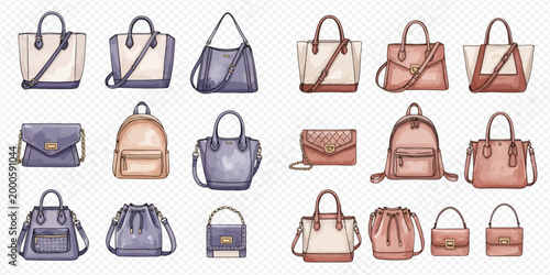 Collection of stylish watercolor women's handbags and purses, including shoulder bags, totes, and backpacks, in various colors and designs.
