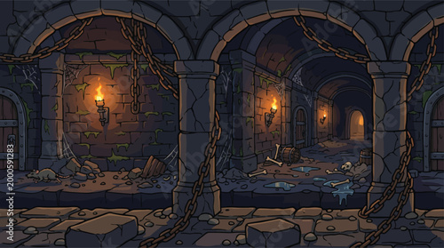 Photos Medieval dungeon background vector, dark stone castle prison with torches and ch