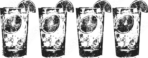 Fresh lemon iced water glasses with ice cubes and citrus slice refreshing drink set