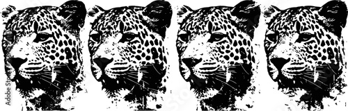 four monochrome leopard heads in a row with detailed spotted fur texture