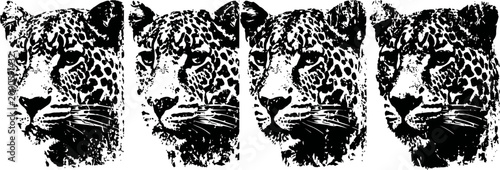 leopard face pattern repeated four times in black and white abstract design