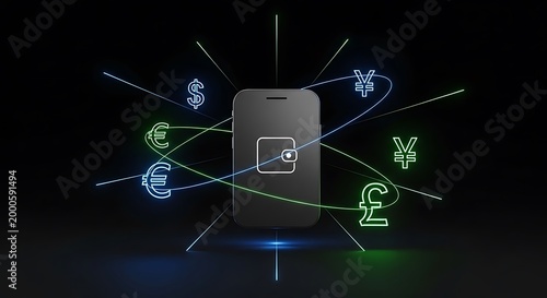 Smartphone with digital wallet and glowing currency symbols on black background