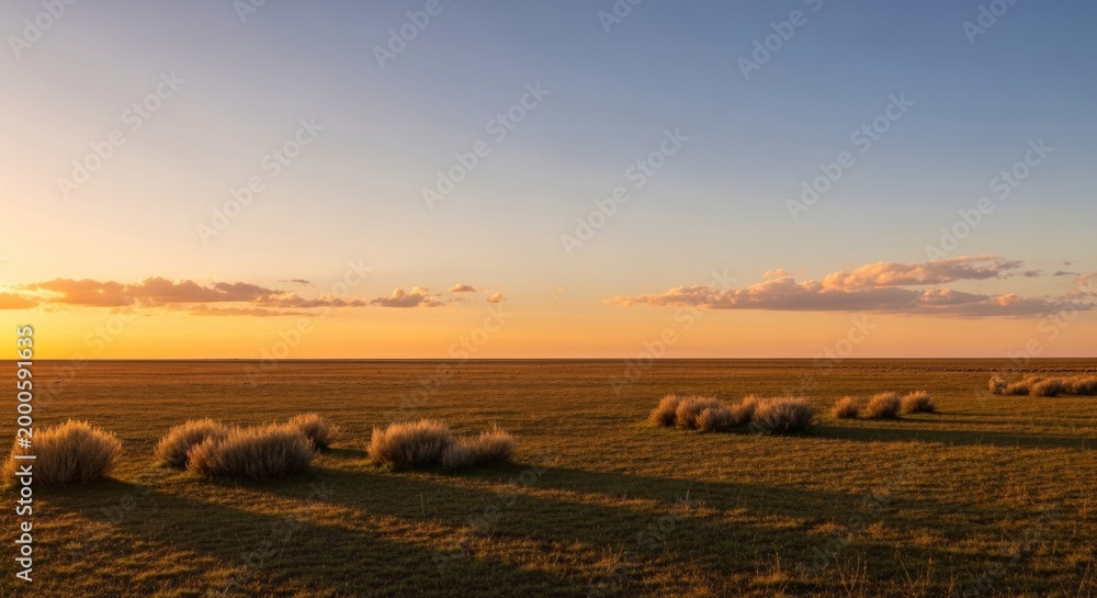 Fototapeta premium Golden Sunset Over Vast Grassland Horizon