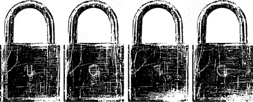 four vintage metal padlocks aligned in a row with distressed texture and rust marks