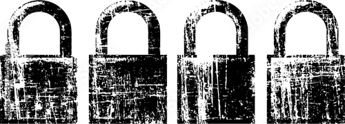grunge padlocks set old distressed black locks with heavy scratches isolated on white background