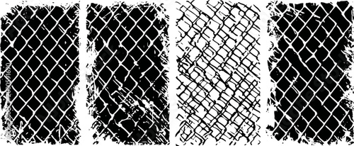 Grunge chain link fence patterns urban metal wire mesh backgrounds with distressed textures and worn rusty effects