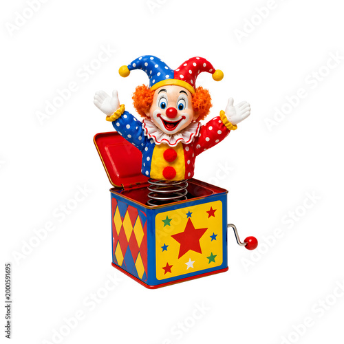 Colorful jack in the box clown toy popping out spring surprise isolated cutout playful vintage circus object