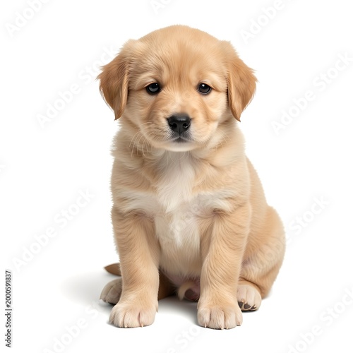 Cute golden retriever puppy sitting and looking forward with big eyes  adorable animal