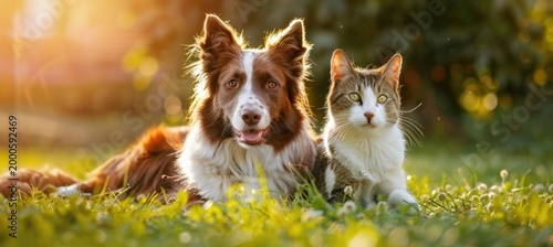 Adorable Border Collie dog and tabby cat lying peacefully together in a sunny green meadow during golden hour, showcasing their unique animal friendship and bond.