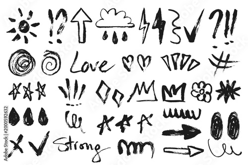 Grunge Scribble Elements Set. Hand drawn grungy doodle elements collection. Sketch brush stroke underline shapes. Chalk decorative highlight vector symbols
