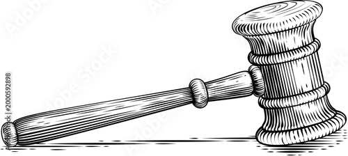 Black and white judge gavel or auction wooden hammer illustration. Original illustration in a vintage woodcut etching, engraving style. Legal, justice and auction symbol with detailed line work.