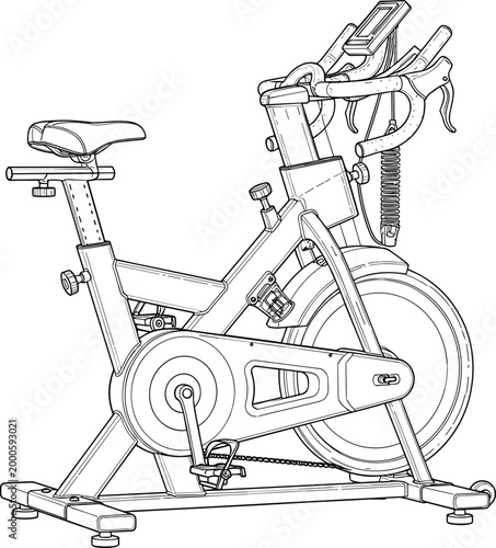 Detailed line drawing of stationary exercise bike showing saddle, handlebars, digital display, flywheel, pedals, and mechanical design for indoor cycling fitness equipment