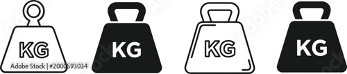 Stylized black-and-white icons of weights labeled KG, representing mass, measurement, and fitness equipment in varied design silhouettes and outlines