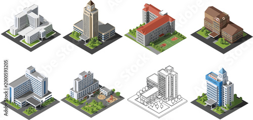Isometric public building vector set with hospital school university city hall and office architecture for urban infrastructure map design and city planning project