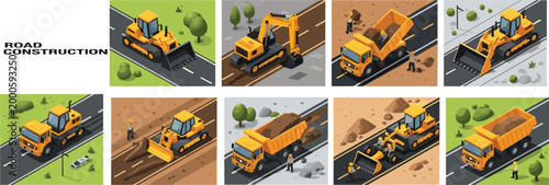 Isometric road construction vector set with heavy machinery excavator dump truck bulldozer and workers building highways for urban development industrial engineering and transportation infrastructure