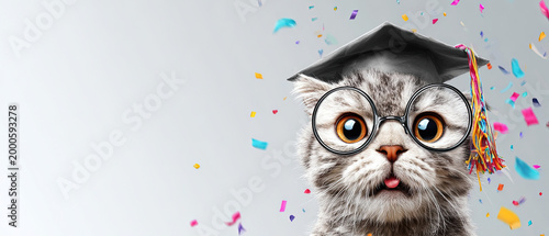 Adorable grey tabby cat in glasses and graduation cap with colorful confetti, isolated on light background. Perfect for educational or celebration themes.